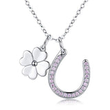 S925 Sterling Silver Lucky Horseshoe Love Heart Pendant Necklace with 4 Leaf Pendant Jewelry