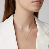 White Gold Plated 925 Sterling Silver Blue Red Corundum Green Spinel Cross Pendant Necklace For Women Girls, 16