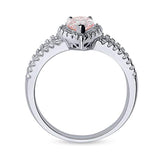 Rhodium Plated Sterling Silver Halo Promise Engagement Split Shank Ring Made with Swarovski Zirconia Morganite Color Pear Cut