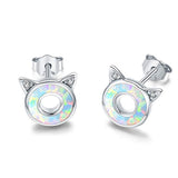  Silver cubic zirconia Cat Opal Stud Earrings 