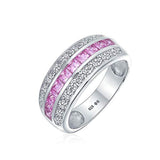 Cubic Zirconia Channel Set Pink Princess Cut CZ Dome 3 Row Wide Statement Wedding Band Ring For Women Sterling Silver