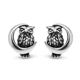 Wisdom Owl On A Crescent Moon Symbol Post Stud Earrings