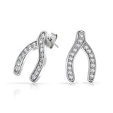 CZ Good Luck Charm Wishbone Cubic Zirconia Pave Stud Earrings For Women Teen Graduation Gift 925 Sterling Silver