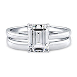 Rhodium Plated Sterling Silver Emerald Cut Cubic Zirconia CZ Solitaire Engagement Wedding Ring Set