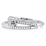 Rhodium Plated Sterling Silver Cushion Cut Cubic Zirconia CZ Solitaire Engagement Wedding Ring Set