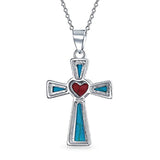 Southwestern Style Stabilized Turquoise Rope Edge Red Heart Cross Pendant Sterling Silver Necklace