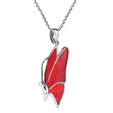 Flying Monarch Butterfly Reconstructed Red Coral 925 Sterling Silver Pendant Necklace