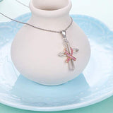 925 Sterling Silver Pink CZ Ribbon Cross Pendant Necklace for Women