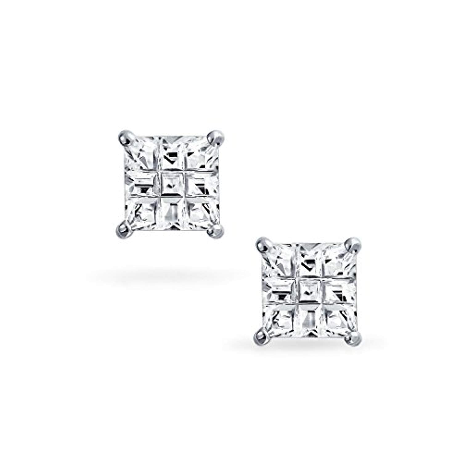 Men's Sterling Silver Cubic Zirconia Square Stud Earrings, White