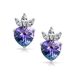 Heart Shape Crown Blue Purple Rainbow Cubic Zirconia CZ Stud Earrings For Women 925 Sterling Silver