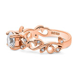 Rose Gold Plated Sterling Silver Round Cubic Zirconia CZ Solitaire Leaf Filigree Promise Engagement Ring