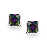 Mens Square Black Mystic Rainbow Princess Cut AAA CZ Stud Earrings For Women 925 Sterling Silver Screwback