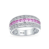 Cubic Zirconia Channel Set Pink Princess Cut CZ Dome 3 Row Wide Statement Wedding Band Ring For Women Sterling Silver