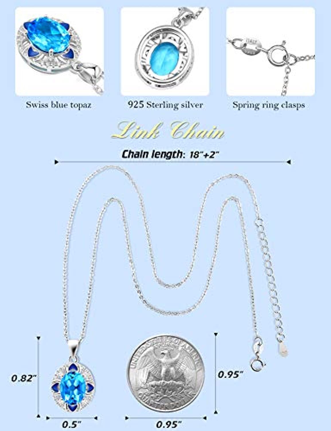 NEW Women Girl Jewelry Set 10mm Round Blue Topaz Gems Necklace Pendant Rings