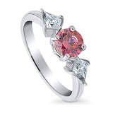 Rhodium Plated Sterling Silver Red Round Cubic Zirconia CZ 3-Stone Anniversary Promise Engagement Ring