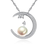 Moon shape Crystal Zircon freshwater Pearl Pendant S925 Sterling Silver Necklace