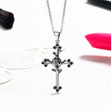 S925 Sterling Silver Rose Cross Necklace Oxidized Zircon Pendant Necklace