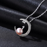 Moon shape Crystal Zircon freshwater Pearl Pendant S925 Sterling Silver Necklace