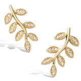 Yellow Gold plated Leaf Olive Branch Feather Cubic Zirconia CZ  stud Earrings Fashion Jewelry