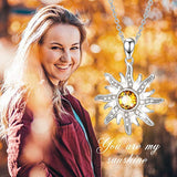 Sterling Silver Sunflower Sunburst Pendant Necklace with Citrine Swarovski Crystal, November Birthstone Jewelry, Christmas Gift for Women Girls