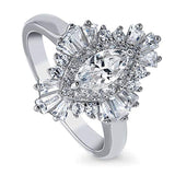 Rhodium Plated Sterling Silver Marquise Cut Cubic Zirconia CZ Halo Art Deco Cluster Engagement Ring