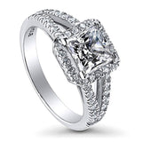 Rhodium Plated Sterling Silver Princess Cut Cubic Zirconia CZ Halo Promise Engagement Split Shank Ring