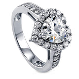 Rhodium Plated Sterling Silver Heart Shaped Cubic Zirconia CZ Halo Engagement Ring