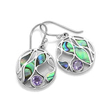 925 Sterling Silver Amethyst Gemstone Abalone Shell Leaves Design Round Dangle Hook Earrings