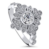 Rhodium Plated Sterling Silver Cubic Zirconia CZ Art Deco Leaf Fashion Right Hand Ring