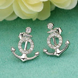 925 Sterling Silver Cubic Zirconia Nautical Theme Anchor Stud Earrings Clear