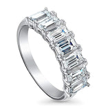 Rhodium Plated Sterling Silver 7-Stone Anniversary Wedding Half Eternity Band Ring Made with Swarovski Zirconia Emerald Cut