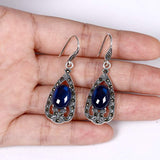 925 Sterling Silver Crystal Blue Oval Corundum Retro Floral Wave Drop Hook Earrings