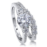 Rhodium Plated Sterling Silver Round Cubic Zirconia CZ 3-Stone Anniversary Engagement Wedding Ring Set