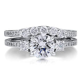 Rhodium Plated Sterling Silver Round Cubic Zirconia CZ 3-Stone Anniversary Engagement Wedding Ring Set