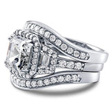 Rhodium Plated Sterling Silver Asscher Cut Cubic Zirconia CZ Art Deco Halo Engagement Wedding Ring Set