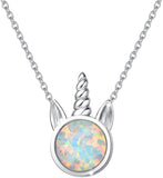 Sterling Silver unicorn Necklace White Created Opal Cute Pendant Necklace Small Dot Round Disc Fine Jewelry For Women Girls 16+2 inch Extender