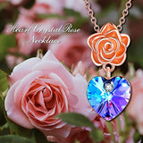 Rose Flower Necklace S925 Sterling Silver with Purple Heart Crystal Necklace Anniversary Pendant Jewelry Gifts for Women Teen Girls