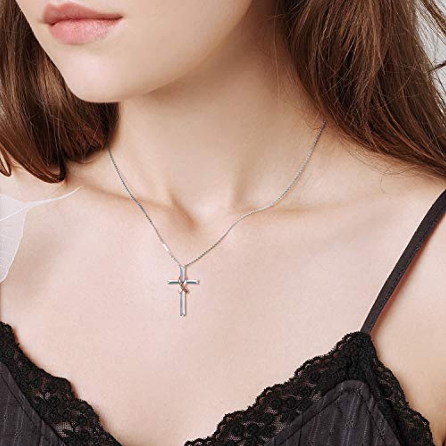 Hope Pink Ribbon Necklace Women - S925 Sterling Silver Cross Wing Jewelry  for Girl Strength Gift Awareness of Breast Cancer Christian (Pink)