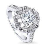 Rhodium Plated Sterling Silver Cubic Zirconia CZ Art Deco Milgrain Filigree Promise Ring