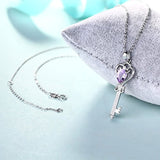 Fine Jewelry for Women Natural Gemstone Amethyst Sterling Silver Key Pendant Necklace