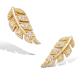 Yellow Gold  plated  Leaf Olive Branch Feather Cubic Zirconia CZ Stud Earrings Fashion Jewelry