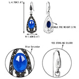 925 Sterling Silver Crystal Blue Oval Corundum Retro Floral Wave Drop Hook Earrings