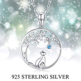 Cat Necklace Tree of Life Necklace 925 Sterling Blue Cubic Zirconia of Cat Round Pendant Necklace Cat Jewelry for Women Mom