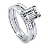 Rhodium Plated Sterling Silver Emerald Cut Cubic Zirconia CZ Solitaire Engagement Wedding Ring Set