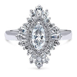 Rhodium Plated Sterling Silver Marquise Cut Cubic Zirconia CZ Halo Art Deco Cluster Engagement Ring