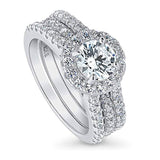 Rhodium Plated Sterling Silver Round Cubic Zirconia CZ Halo Engagement Wedding Insert Ring Set