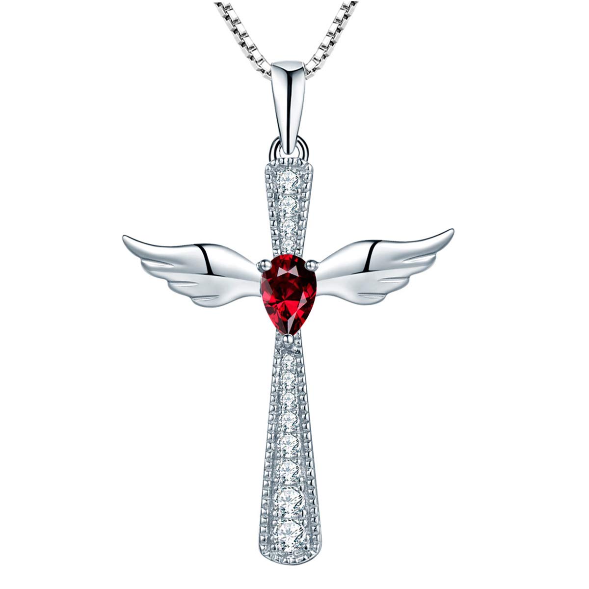 Cross Necklace 925 Sterling Silver Angel Wings Pendant Teardrop Cubic  Zirconia Criss Jewelry - C:Ruby