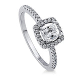 Rhodium Plated Sterling Silver Cushion Cut Cubic Zirconia CZ Halo Promise Engagement Ring