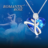 Sterling Silver Blue Heart Rose Flower Necklaces for Women with Swarovski Crystals, Jewelry Gift for Wife Girlfriend