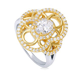 Rhodium and Gold Plated Sterling Silver Cubic Zirconia CZ Statement Art Deco Cocktail Fashion Right Hand Ring